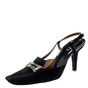 Pre Owned Tod's Black Suede Crystal Embellished Penny Loafer Slingback Sandals Size 39