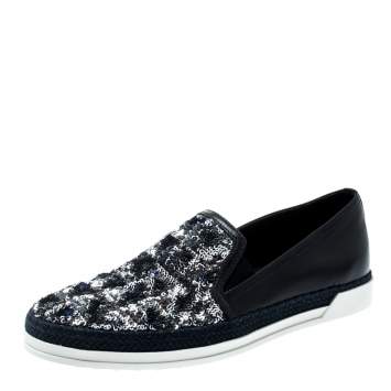 Pre Owned Tod's Blue Leather Sequin Embellished Espadrille Slip On Sneakers Size 37