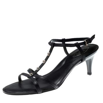 Pre Owned Tod's Black Leather T-Strap Sandals Size 38