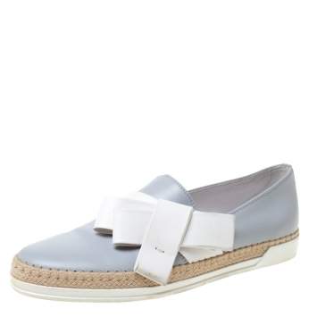 Pre Owned Tod's Light Grey Leather Bow Detail Espadrille Trim Loafers Size 40
