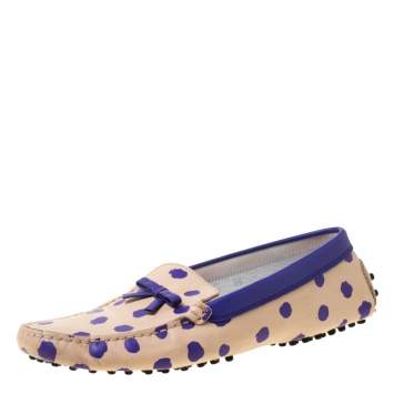 Pre Owned Tod's Purple/Beige Polka Dot Leather Bow Loafers Size 39