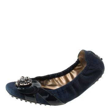 Pre Owned Tod's Navy Blue Embellished Suede Scrunch Ballet Flats Size 38.5