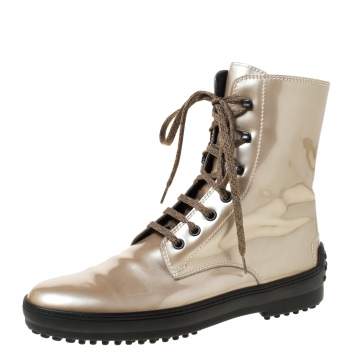 Pre Owned Tod's Metallic Beige Patent Leather Lace Up Boots Size 39.5