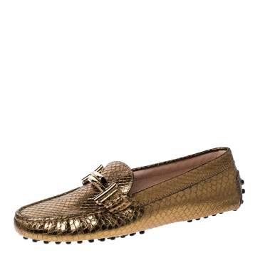Pre Owned Tod's Bronze Metallic Snakeskin Double T Metal Loafers Size 36