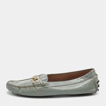 Pre Owned Tod's Grey Patent Leather Chain Detail Slip On Loafers Size 39.5