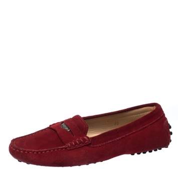 Pre Owned Tod's Red Suede Leather Penny Slip On Loafers Size 35