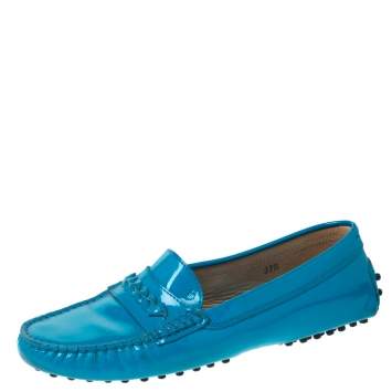 Pre Owned Tod's Blue Patent Leather Gommino Loafers Size 37.5