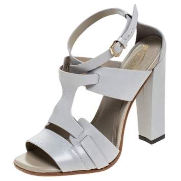 Pre Owned Tod's Grey Cage Leather Peep Toe Ankle Strap Block Heel  Sandals Size 36
