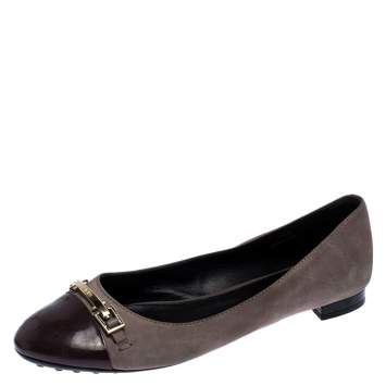 Pre Owned  Tod's Lilac/Purple Nubuck/Patent Leather Logo Metal Detail Cap Toe Ballet Flats Size 36.5 