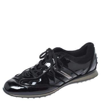 Pre Owned Tod's Black Patent Leather and Suede Lace Low Top Sneakers Size 37.5