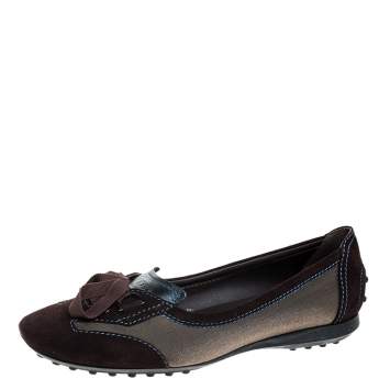 Pre Owned  Tod's Brown Suede, Mesh And Blue Leather Lace Bow Ballet Flats Size 38