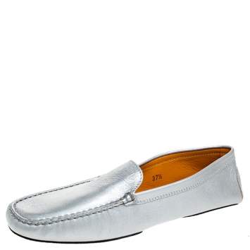 Pre Owned Tod's Silver Soft Leather Loafers Size 37.5