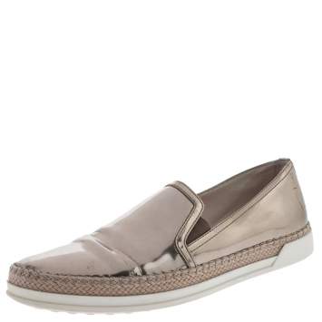 Pre Owned Tod's Metallic Rose Gold Patent Leather Slip On Espadrilles Sneakers Size 37.5