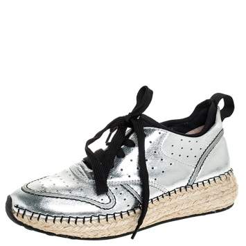 Pre Owned Tod's Metallic Silver Leather Espadrille Low Top Sneakers Size 35.5