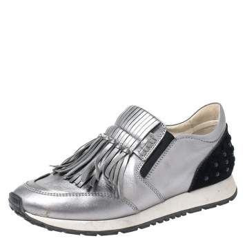 Pre Owned TOD'S Metallic Grey Leather Sportivo Fringed Sneakers Size 39