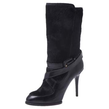 Pre Owned Tod's Black Leather And Pony Hair Buckle Mid Calf Boots Size 37