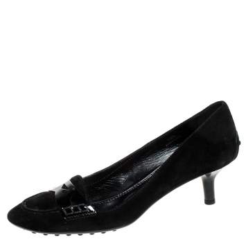 Pre Owned Tod's Black Suede And Patent Leather Penny Loafer Pumps Size 38.5
