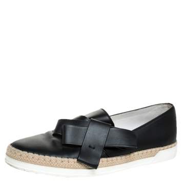 Pre Owned Tod's Black Leather Bow  Espadrilles Size 39.5