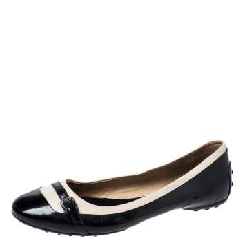 Pre Owned Tod's Black/White Patent Leather And Leather Buckle Detail Ballet Flats Size 40