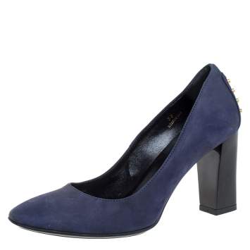 Pre Owned Tod's Navy Blue Nubuck Studded Block Heel Round Toe Pumps Size 36