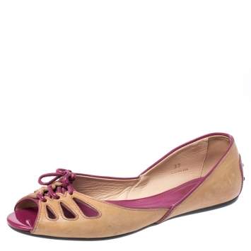 Pre Owned Tod's Brown Leather And Patent Trim Peep Toe Ballet Flats Size 37