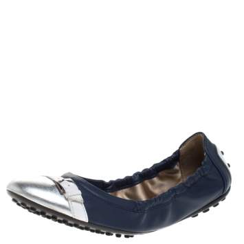Pre Owned Tod's Blue/Silver Leather Cap Toe Scrunch Ballet Flats Size 36.5