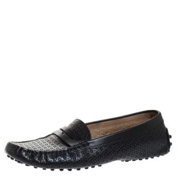Pre Owned Tod's Black Perforated Leather Penny Slip On Loafers Size 37