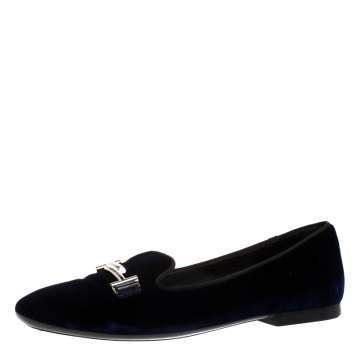 مملوكة مسبقًا Tod's Blue Velvet Double T Smoking Slippers Size 37