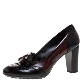 Pre Owned Tod's Dark Maroon Brogue Leather Fringe Pumps Size 41