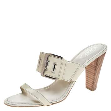 Pre Owned Tod's White Patent Leather Peggy Buckle Slide Sandals Size 41
