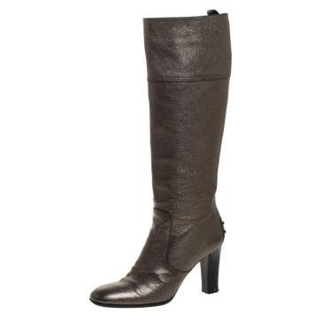 Pre Owned Tod's Metallic Grey Leather Knee Length Boots Size 39