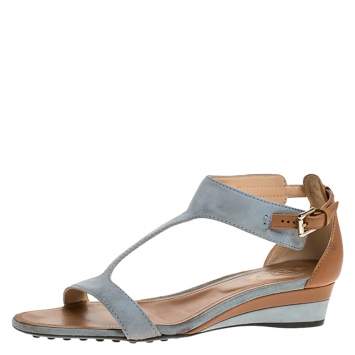 Pre Owned Tod's Blue/Brown Suede And Leather T-Bar Wedge Ankle Strap Sandals Size 36