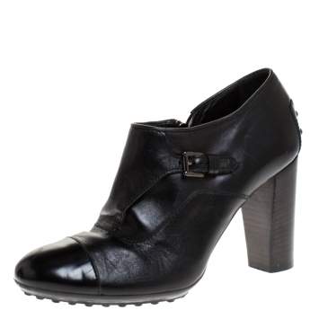 Pre Owned Tod's Black Leather Cap Toe Block Heel Booties Size 38