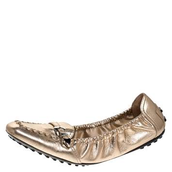 Pre Owned Tod's Metallic Gold Foil Leather Buckle Detail Loafer Scrunch Ballet Flats Size 39.5