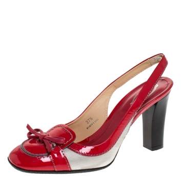 Pre Owned Tod's Red Patent Leather and Fabric Bow Slingback Sandals Size 37.5