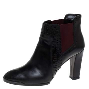 Pre Owned Tod's Black Lasercut  Leather Ankle Boots Size 37