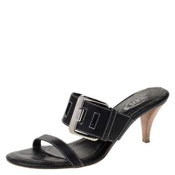 Pre Owned Tod's Black Leather Buckle Detail Slide Sandals Size 38