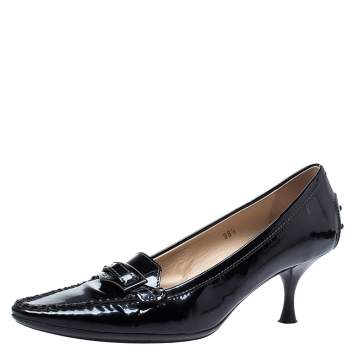 Pre Owned Tod's Black Patent Leather Kitten Heel Loafer Pumps Size 38.5