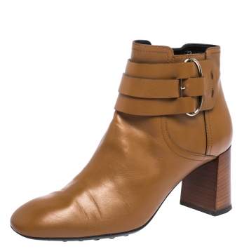 Pre Owned Tod's Brown Leather Buckle Detail Ankle Booties Size 39