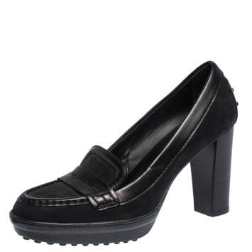 Pre Owned Tod's Black Nubuck And Leather Penny Platform Loafers Pumps Size 37.5