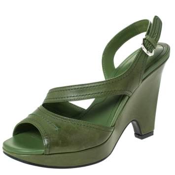 Pre Owned Tod's Green Leather Slingback Platform Wedges Size 38