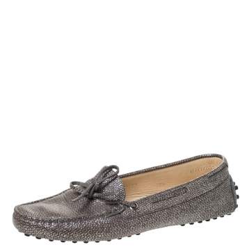 Pre Owned Tod's Grey/Silver Glitter Leather Bow Detail Driving Loafers Size 37.5