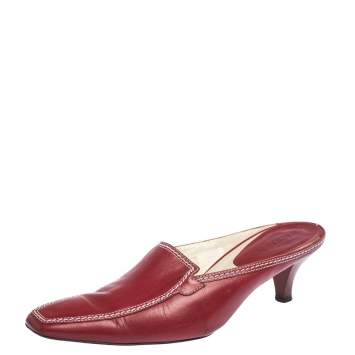 Pre Owned Tod's Red Leather Loafer Slide Kitten Heel Mules Size 37