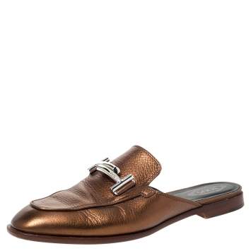 Pre Owned Tod's Metallic Bronze Leather Double T Mules Size 37.5
