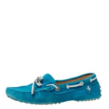 Pre Owned Tod's For Ferrari Teal Blue Suede Bow Loafers Size 35.5