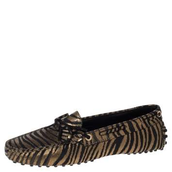 Pre Owned Tod's Metallic Gold Zebra Print Suede Gommino Driving Loafers Size 37
