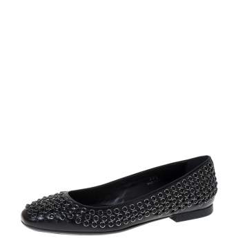 Pre Owned Tod's Black Leather Stitch Detail And Embellished Ballet Flats Size 38.5