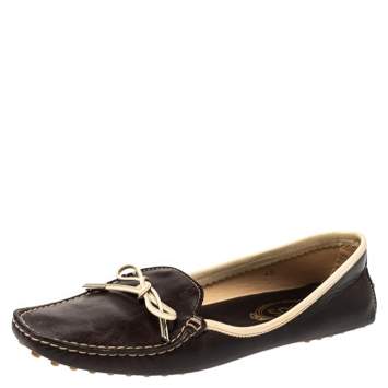 Pre Owned Tod's Brown Leather Square Toe Bow Loafers Size 40