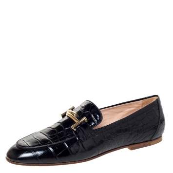 Pre Owned Tod's Black Croc Embossed Leather Double T Loafers Size 38.5
