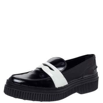 Pre Owned Tod's Black/White Leather And Patent Platform Penny Loafers Size 41